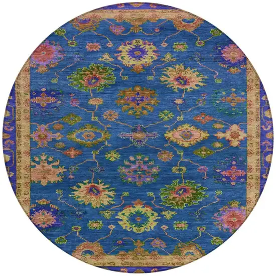 8' Blue And Gold Round Floral Washable Indoor Outdoor Area Rug Photo 3