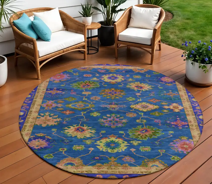 8' Blue And Gold Round Floral Washable Indoor Outdoor Area Rug Photo 2
