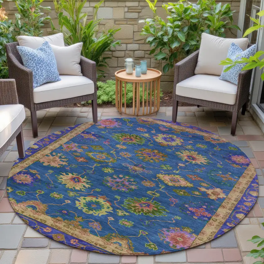 8' Blue And Gold Round Floral Washable Indoor Outdoor Area Rug Photo 6