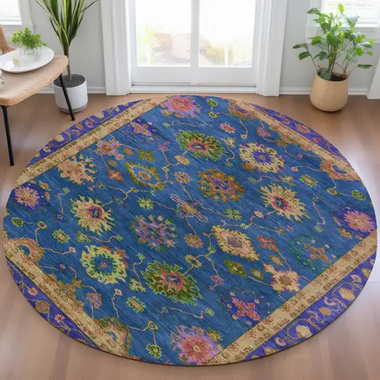 8' Blue And Gold Round Floral Washable Indoor Outdoor Area Rug Photo 5