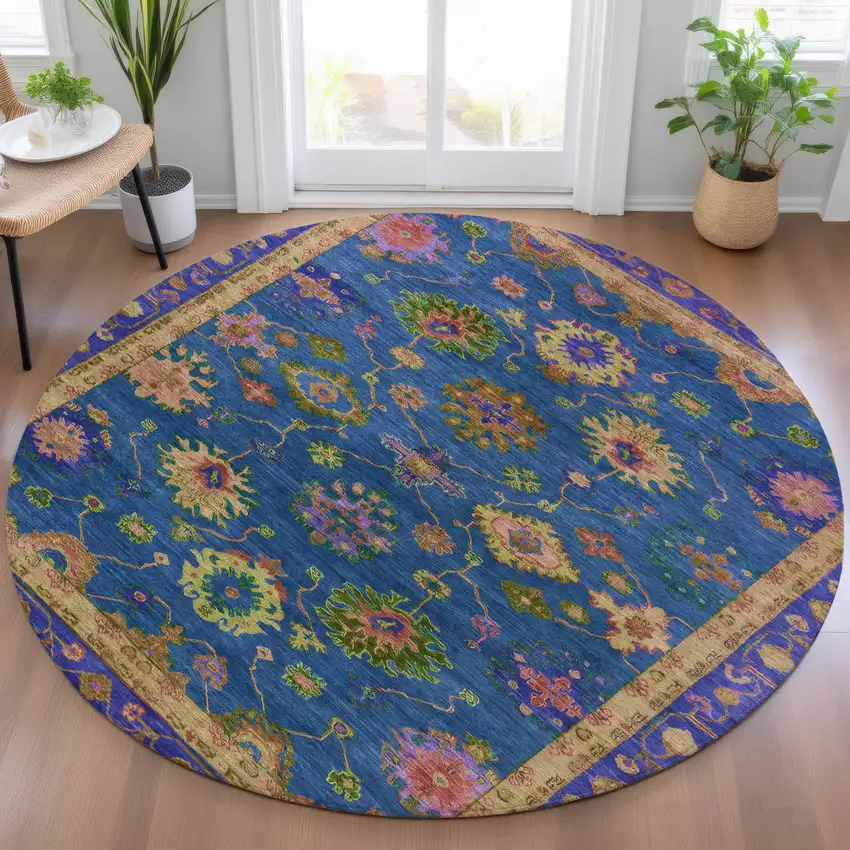 8' Blue And Gold Round Floral Washable Indoor Outdoor Area Rug Photo 5