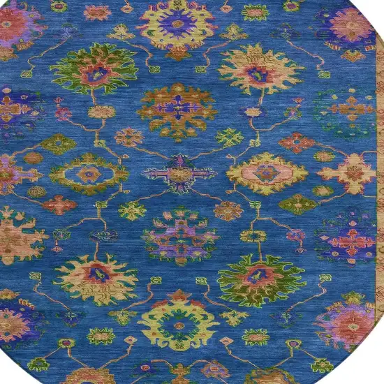 8' Blue And Gold Round Floral Washable Indoor Outdoor Area Rug Photo 9