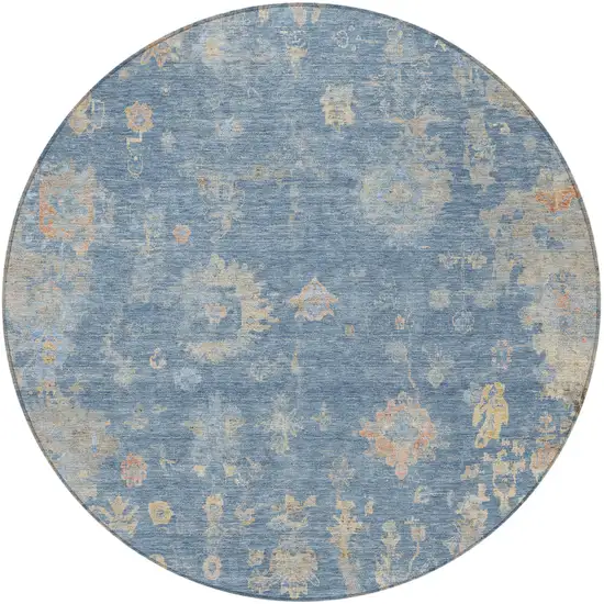8' Blue And Gold Round Floral Washable Indoor Outdoor Area Rug Photo 4