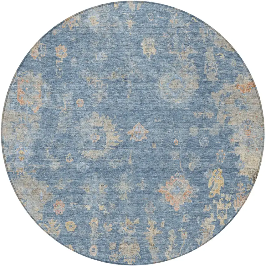 8' Blue And Gold Round Floral Washable Indoor Outdoor Area Rug Photo 4