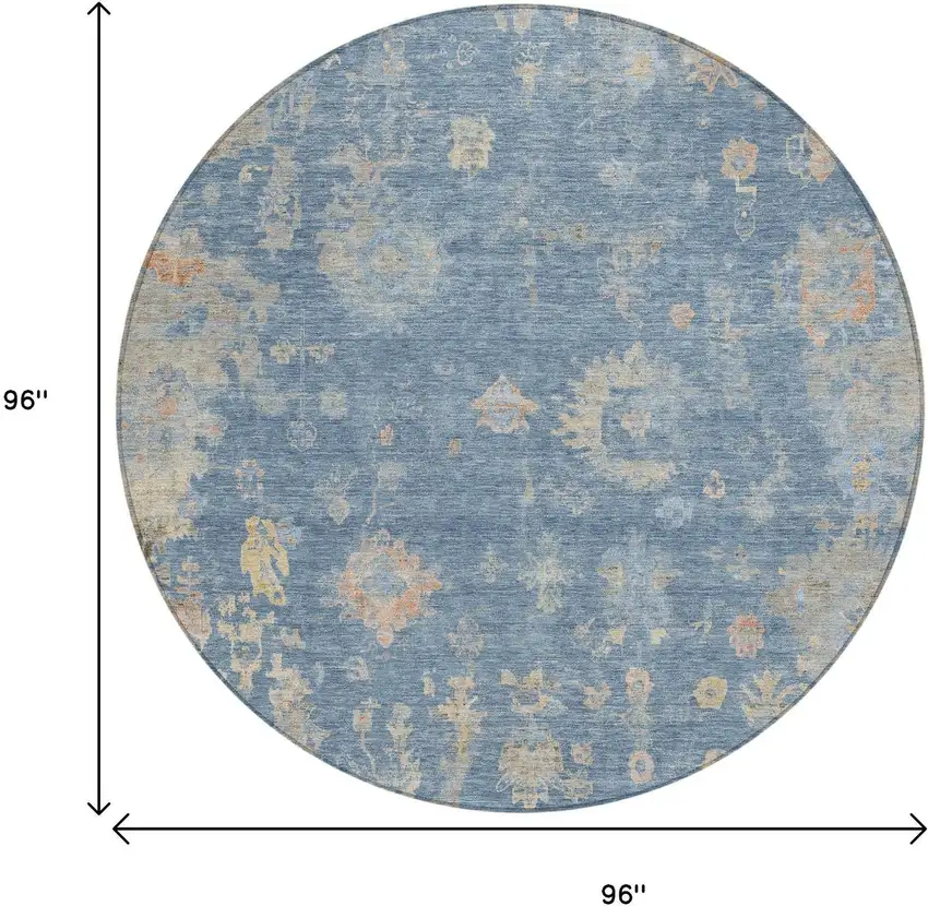8' Blue And Gold Round Floral Washable Indoor Outdoor Area Rug Photo 3