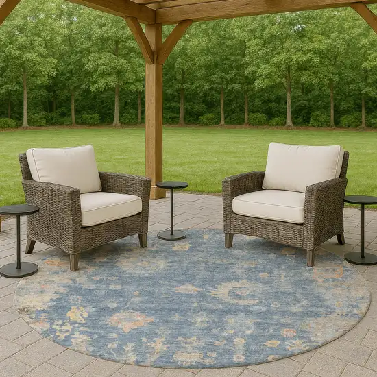 8' Blue And Gold Round Floral Washable Indoor Outdoor Area Rug Photo 8