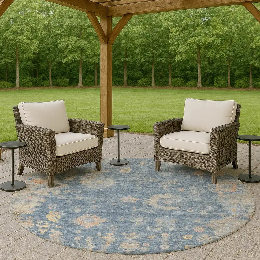 8' Blue And Gold Round Floral Washable Indoor Outdoor Area Rug Photo 8