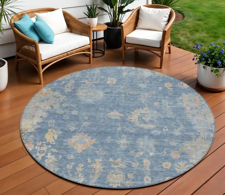 8' Blue And Gold Round Floral Washable Indoor Outdoor Area Rug Photo 1