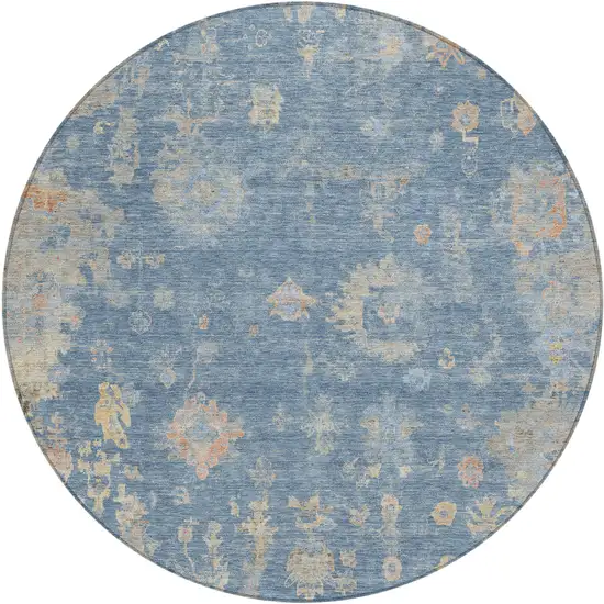 8' Blue And Gold Round Floral Washable Indoor Outdoor Area Rug Photo 2