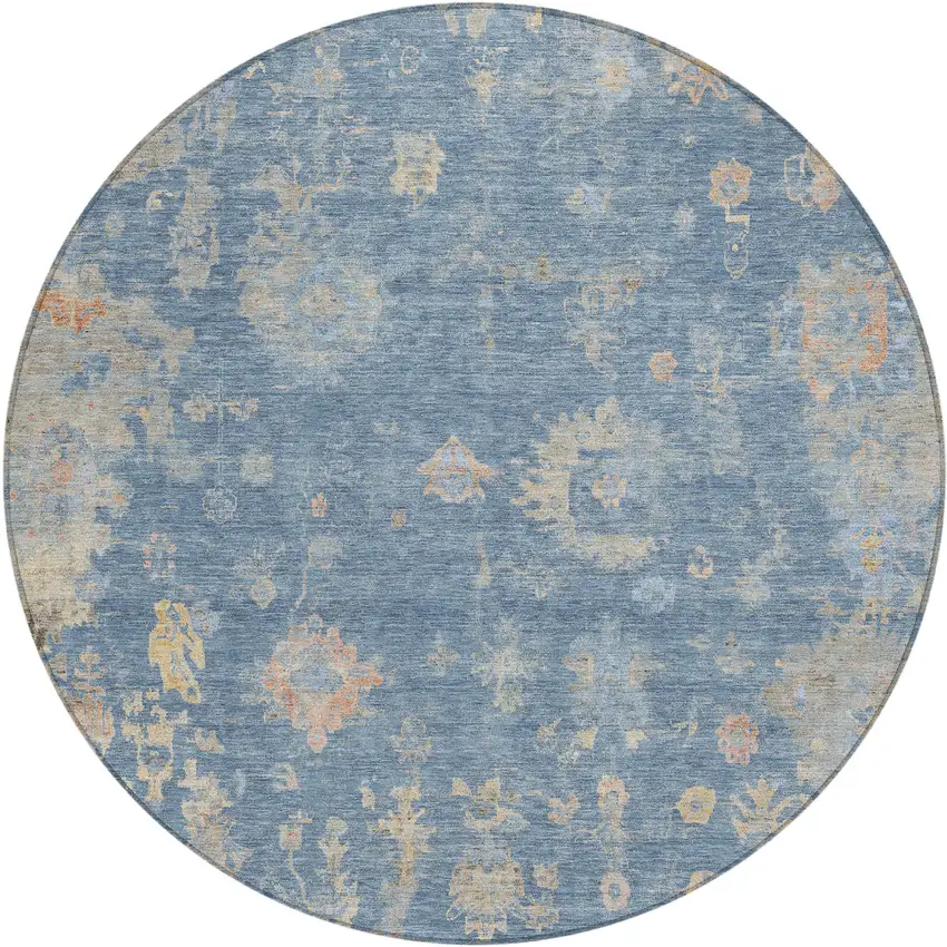 8' Blue And Gold Round Floral Washable Indoor Outdoor Area Rug Photo 2