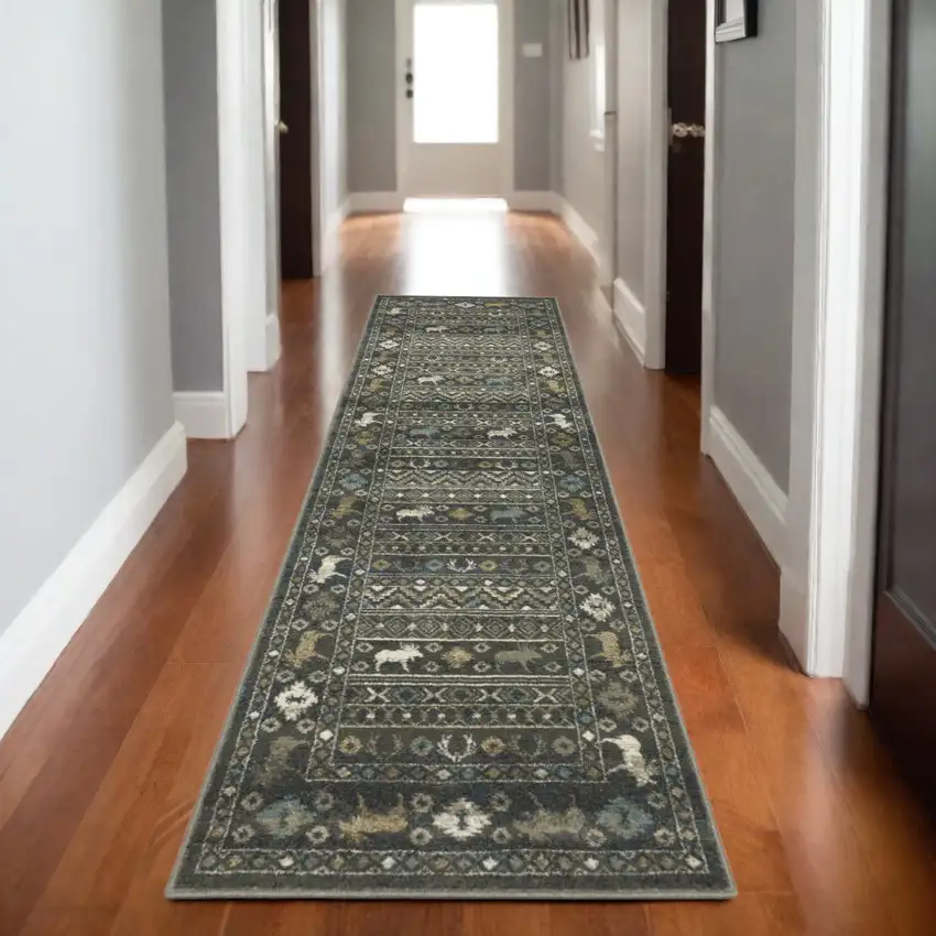 8' Blue And Gold Southwestern Runner Rug Photo 1