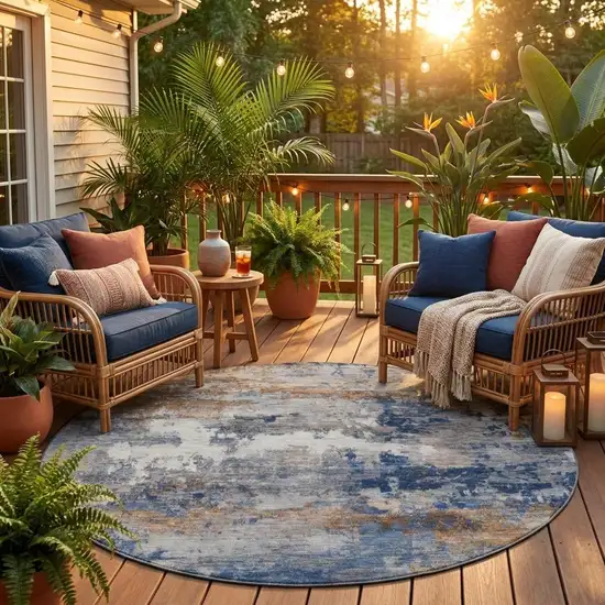 8' Blue And Graphite Round Abstract Washable Indoor Outdoor Area Rug Photo 1