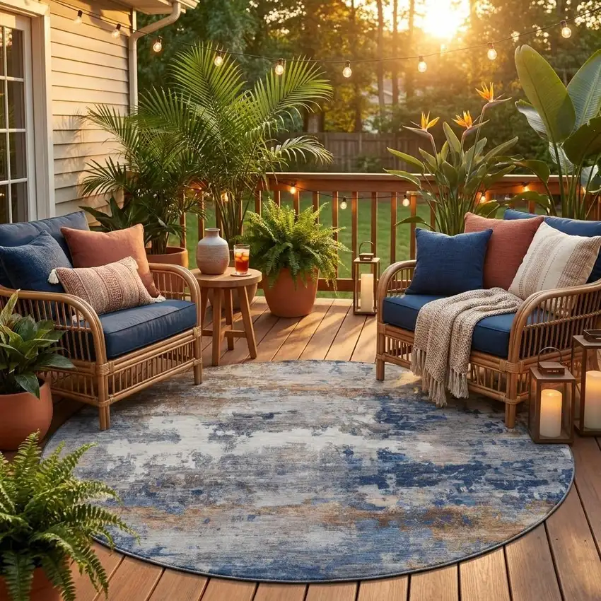 8' Blue And Graphite Round Abstract Washable Indoor Outdoor Area Rug Photo 1