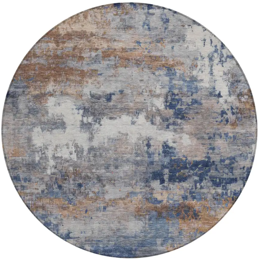 8' Blue And Graphite Round Abstract Washable Indoor Outdoor Area Rug Photo 2