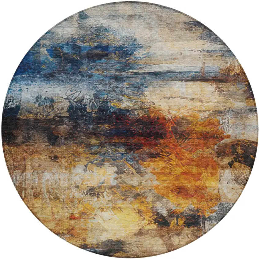 8' Blue And Graphite Round Abstract Washable Indoor Outdoor Area Rug Photo 3