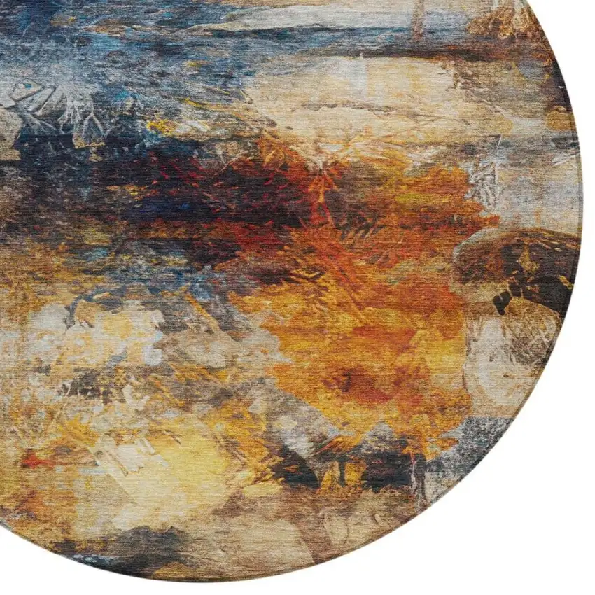 8' Blue And Graphite Round Abstract Washable Indoor Outdoor Area Rug Photo 6