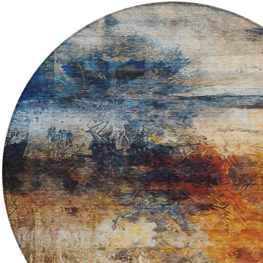 8' Blue And Graphite Round Abstract Washable Indoor Outdoor Area Rug Photo 9