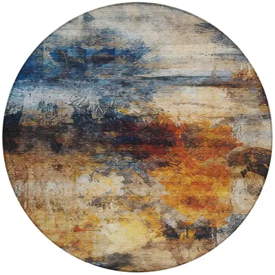 8' Blue And Graphite Round Abstract Washable Indoor Outdoor Area Rug Photo 2