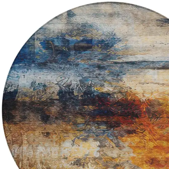 8' Blue And Graphite Round Abstract Washable Indoor Outdoor Area Rug Photo 8
