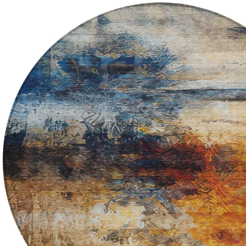 8' Blue And Graphite Round Abstract Washable Indoor Outdoor Area Rug Photo 8