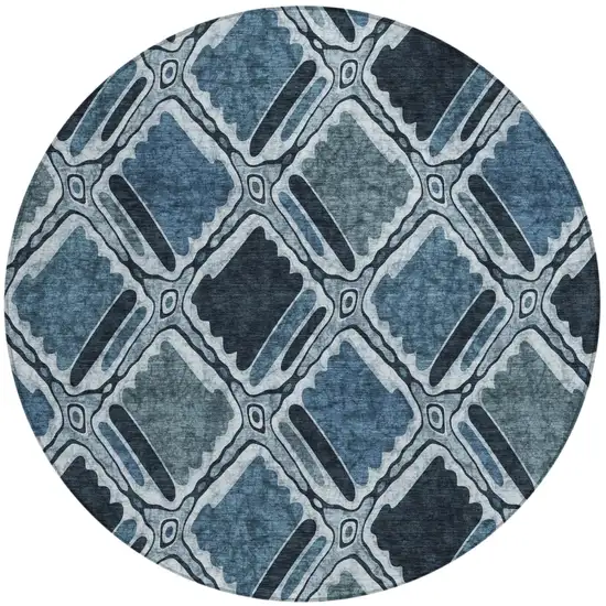 8' Blue And Graphite Round Geometric Washable Indoor Outdoor Area Rug Photo 3