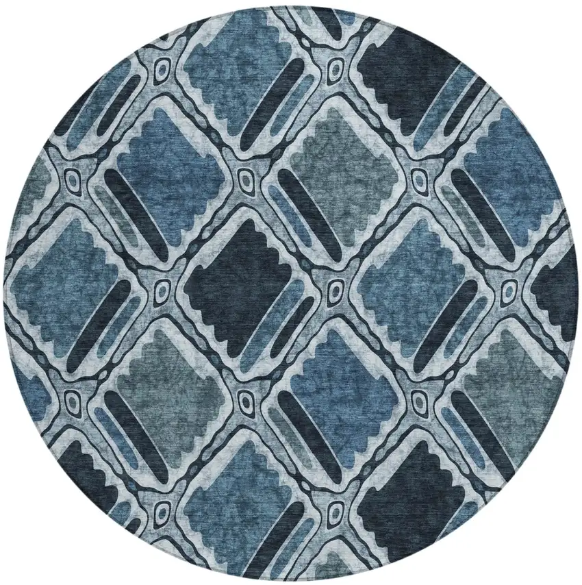8' Blue And Graphite Round Geometric Washable Indoor Outdoor Area Rug Photo 3