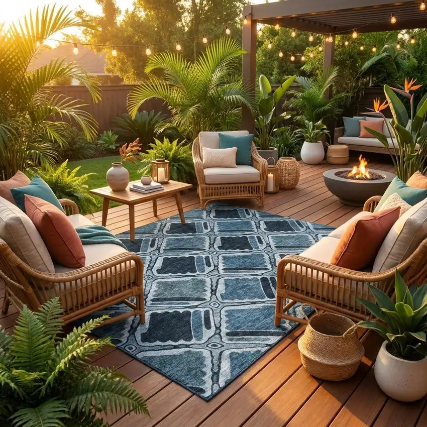 8' Blue And Graphite Round Geometric Washable Indoor Outdoor Area Rug Photo 1