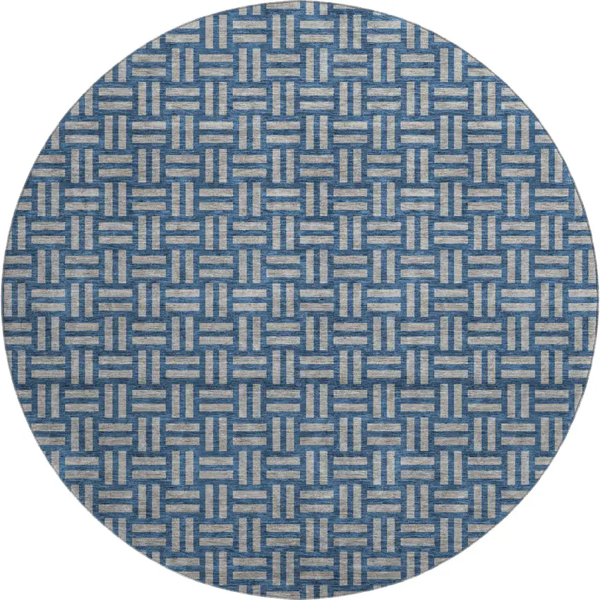 8' Blue And Gray Abstract Geometric Washable Round Rug With UV Protection Photo 1