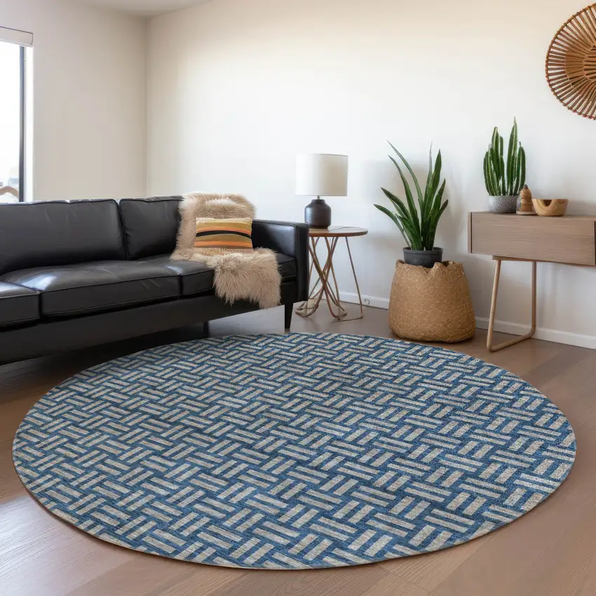 8' Blue And Gray Abstract Geometric Washable Round Rug With UV Protection Photo 4
