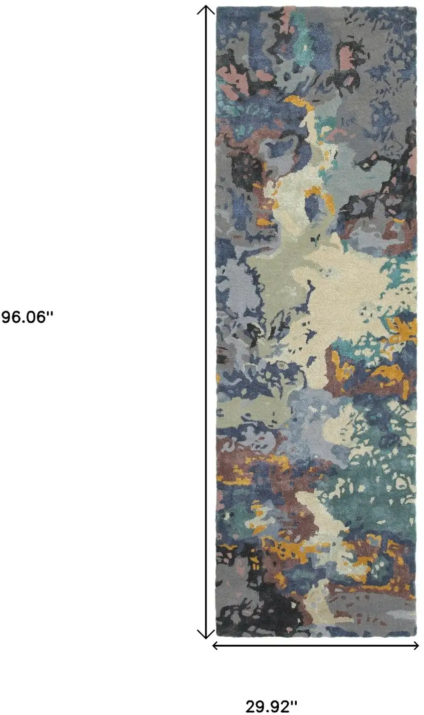 8' Blue And Gray Abstract Hand Tufted Runner Rug Photo 3