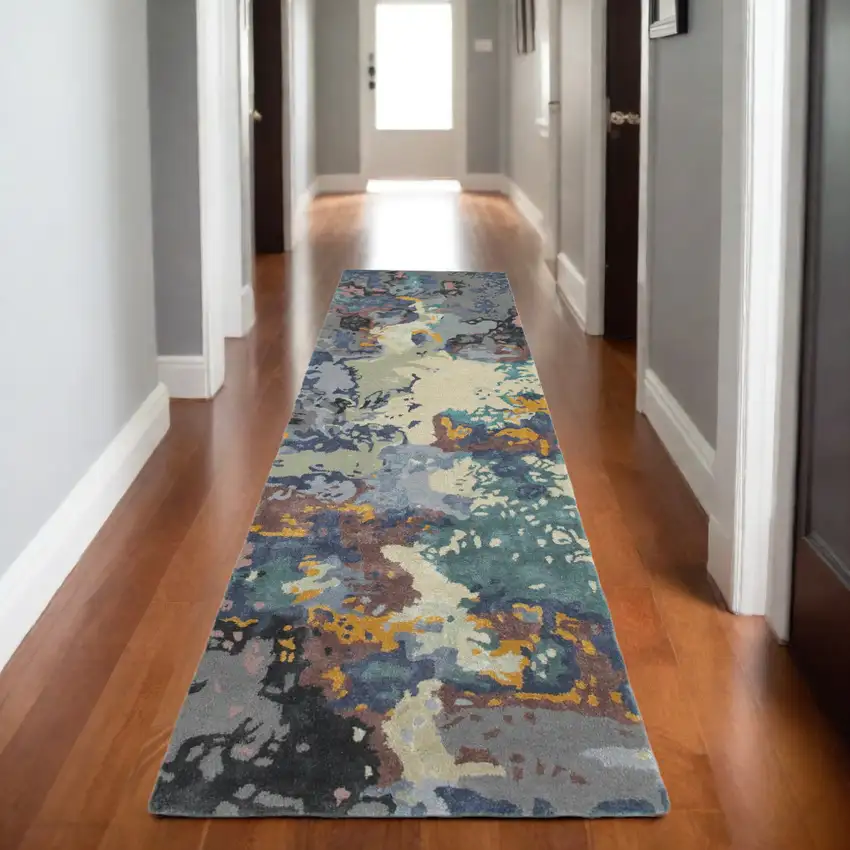 8' Blue And Gray Abstract Hand Tufted Runner Rug Photo 1