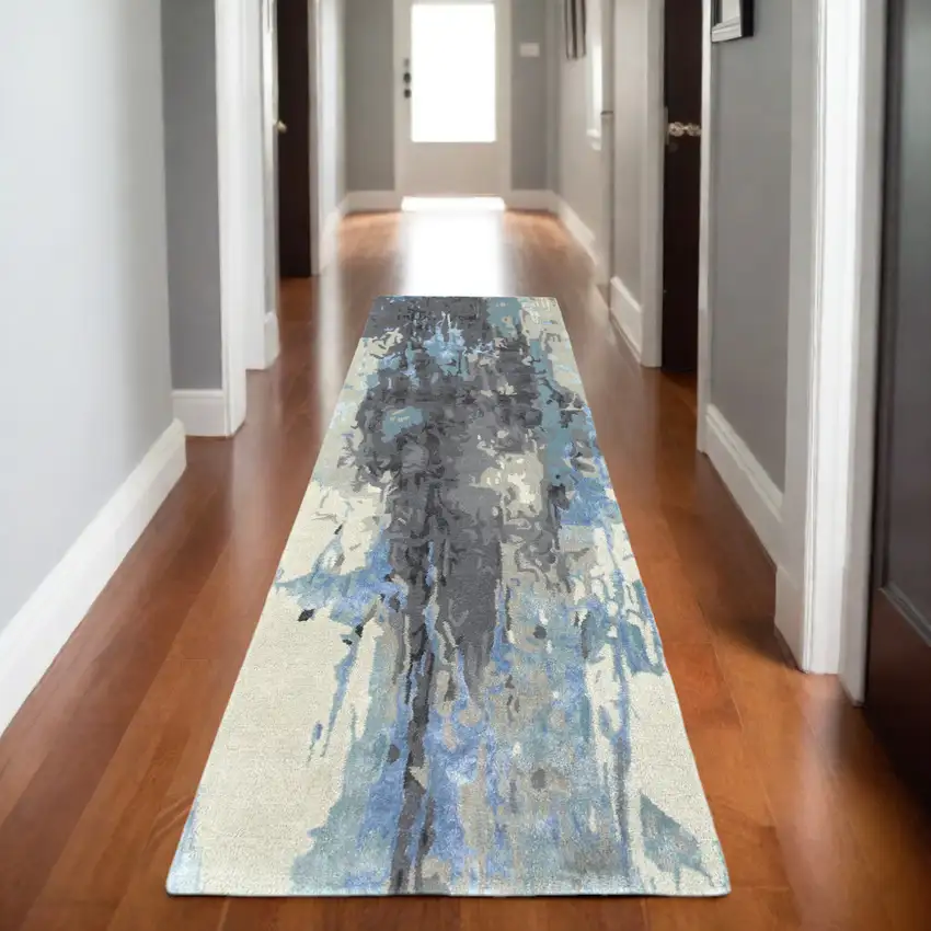 8' Blue And Gray Abstract Hand Tufted Runner Rug Photo 1