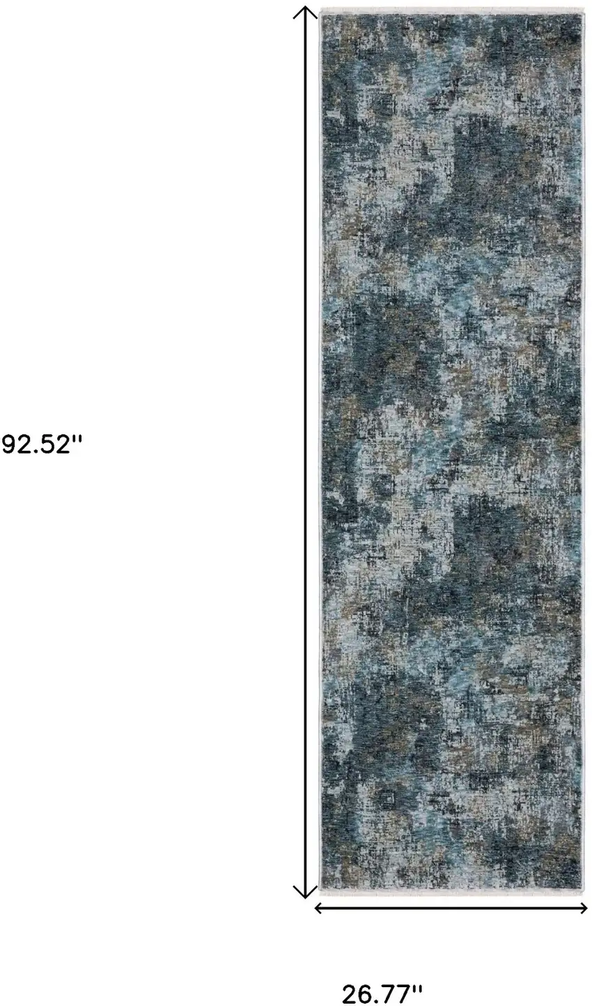 8' Blue And Gray Abstract Runner Rug With Fringe Photo 3