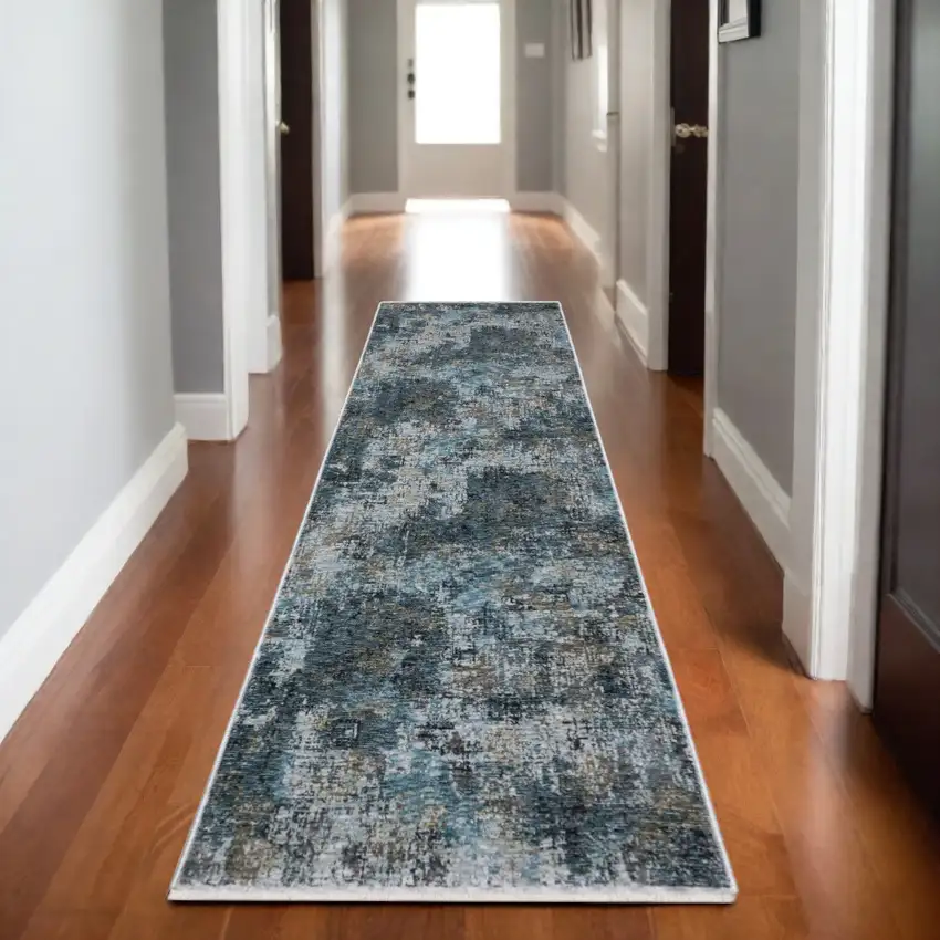 8' Blue And Gray Abstract Runner Rug With Fringe Photo 1