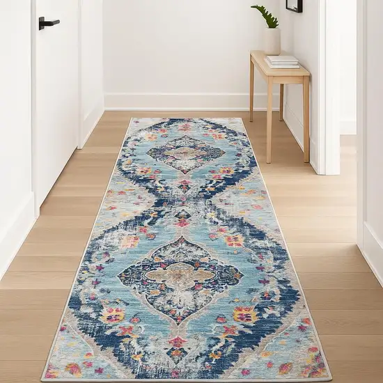 12' Blue And Gray Abstract Runner Rug Photo 2