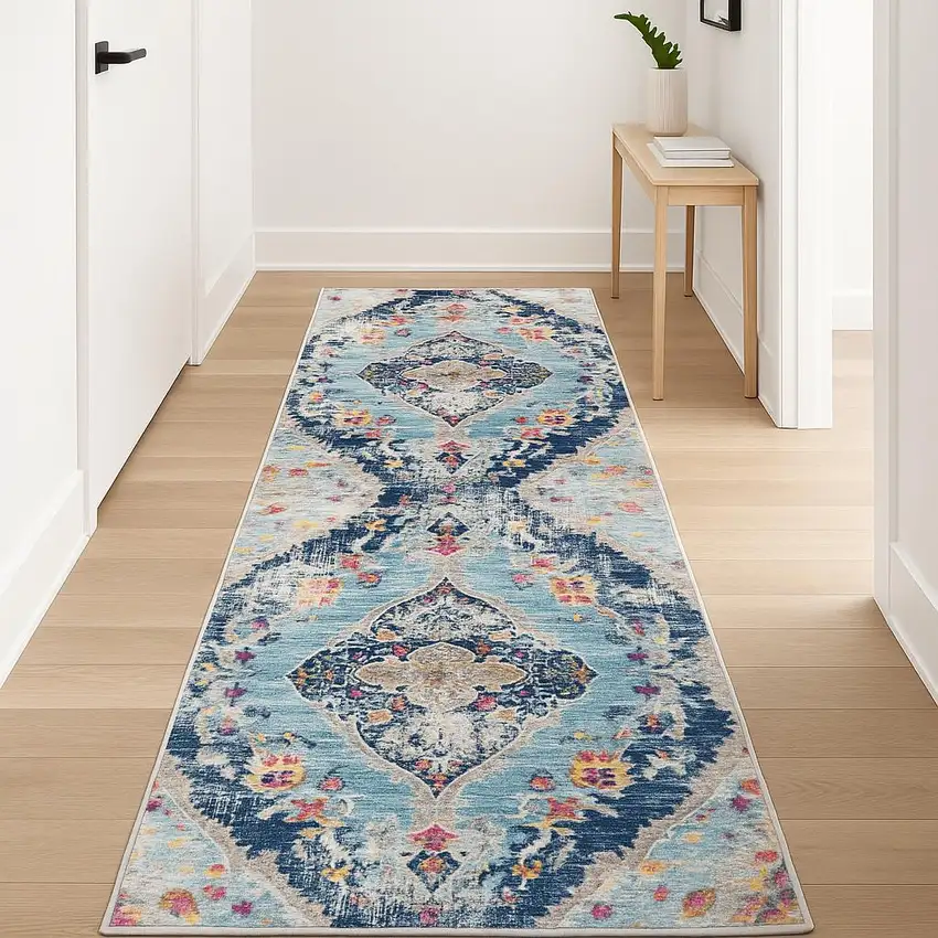 12' Blue And Gray Abstract Runner Rug Photo 2