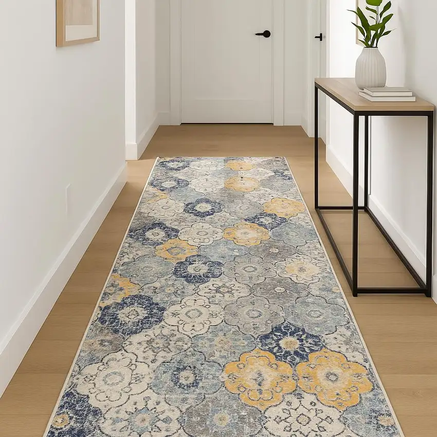 18' Blue And Gray Abstract Runner Rug Photo 1