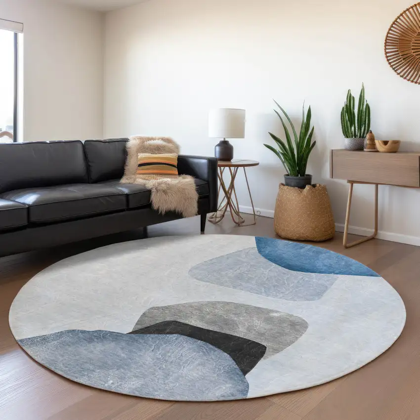 8' Blue And Gray Abstract Washable Round Rug With UV Protection Photo 5