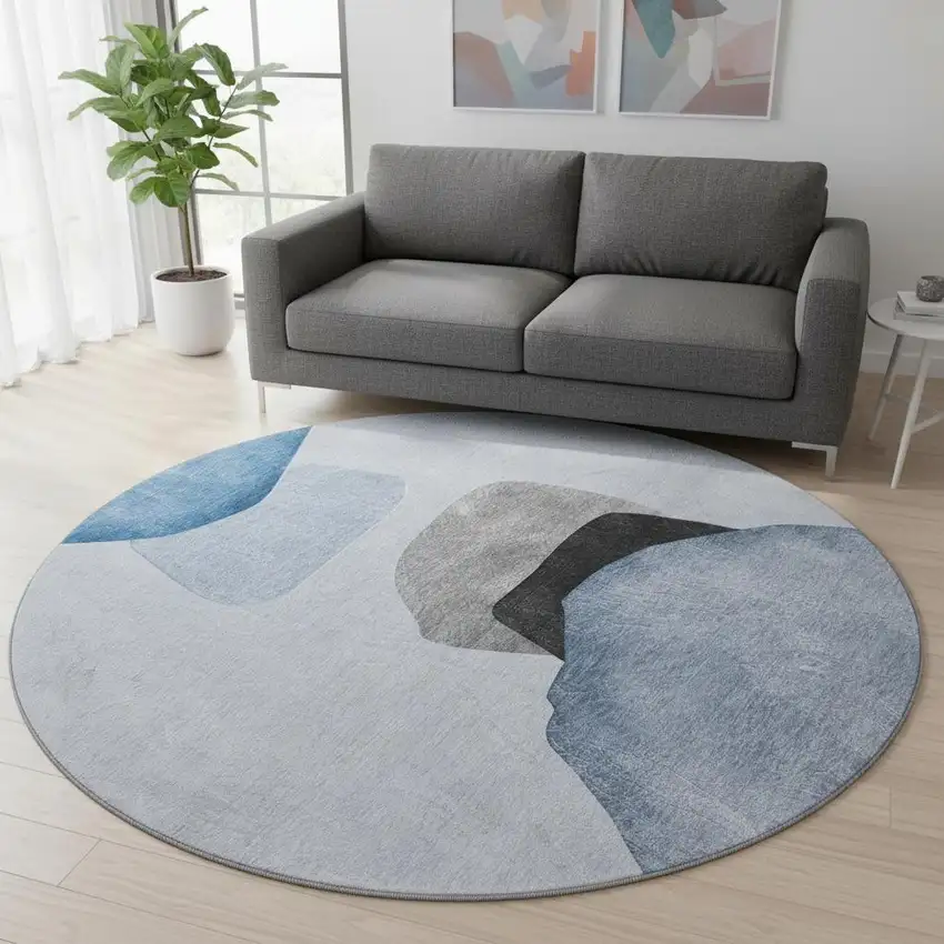 8' Blue And Gray Abstract Washable Round Rug With UV Protection Photo 2