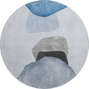 Photo of 8' Blue And Gray Abstract Washable Round Rug With UV Protection