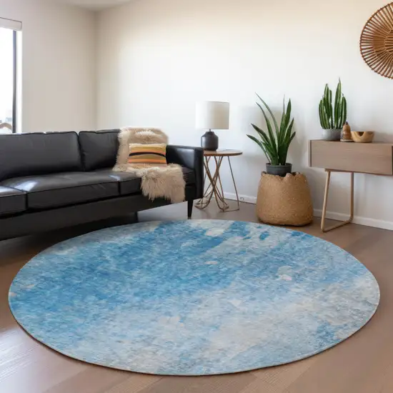 8' Blue And Gray Abstract Washable Round Rug With UV Protection Photo 5