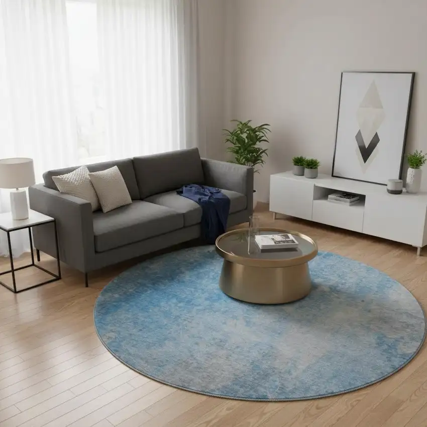 8' Blue And Gray Abstract Washable Round Rug With UV Protection Photo 2