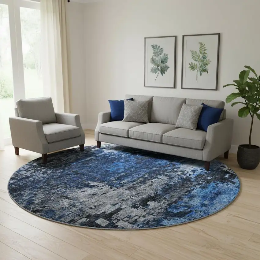 8' Blue And Gray Abstract Washable Round Rug With UV Protection Photo 1