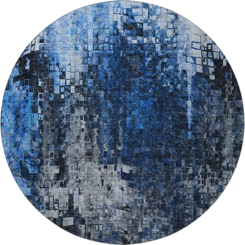 8' Blue And Gray Abstract Washable Round Rug With UV Protection Photo 3