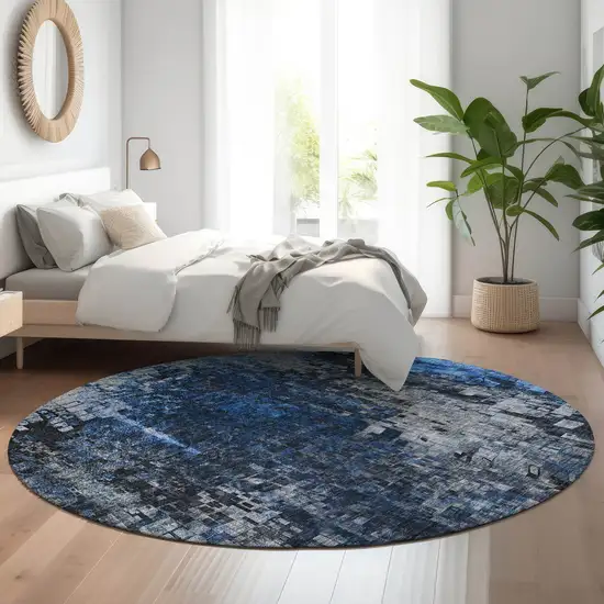 8' Blue And Gray Abstract Washable Round Rug With UV Protection Photo 4