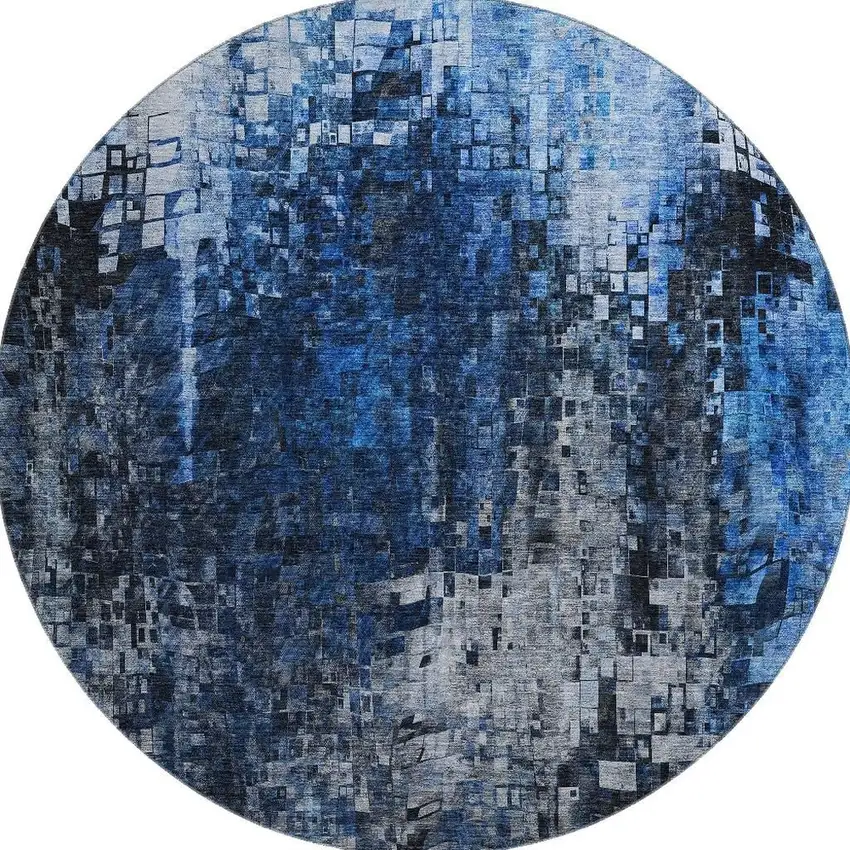 8' Blue And Gray Abstract Washable Round Rug With UV Protection Photo 2