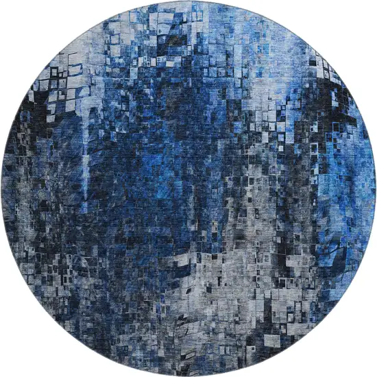 8' Blue And Gray Abstract Washable Round Rug With UV Protection Photo 1