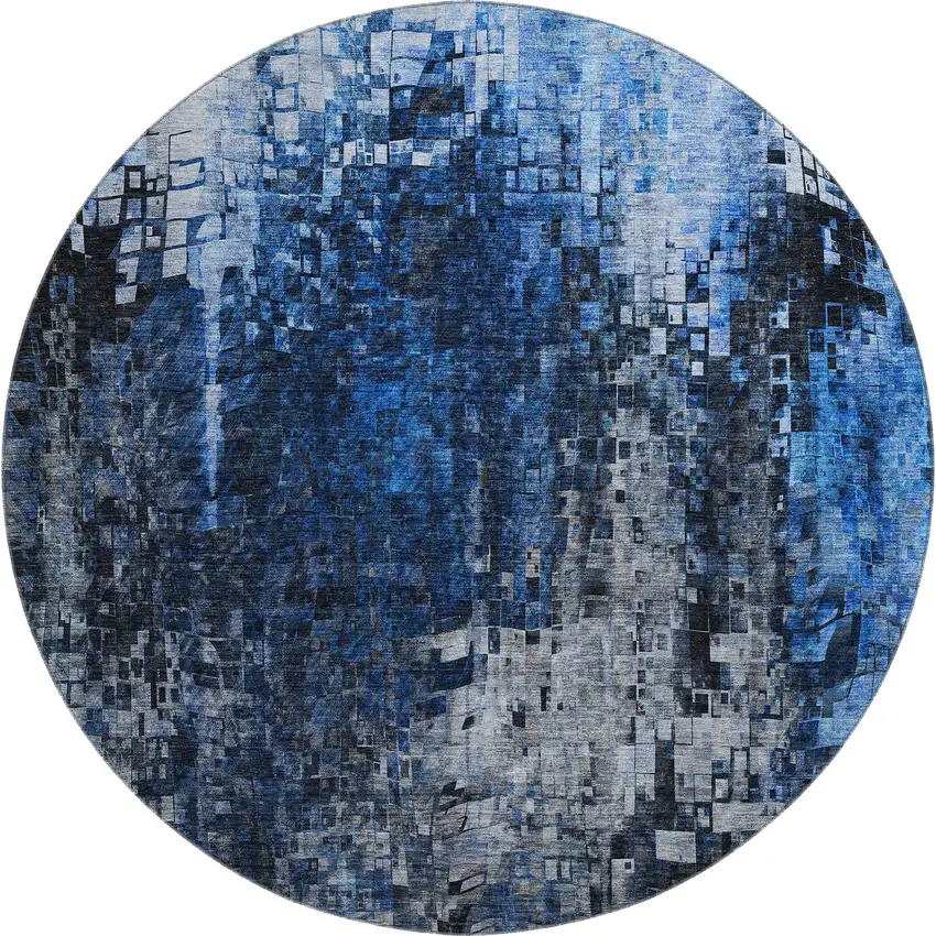 8' Blue And Gray Abstract Washable Round Rug With UV Protection Photo 1