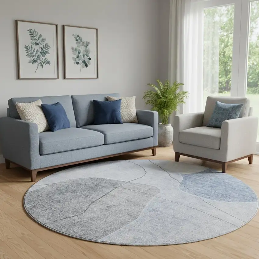 8' Blue And Gray Abstract Washable Round Rug With UV Protection Photo 1