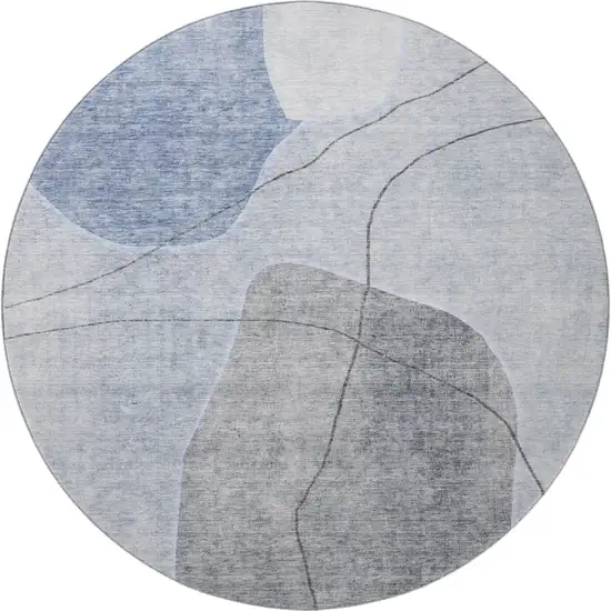 8' Blue And Gray Abstract Washable Round Rug With UV Protection Photo 3